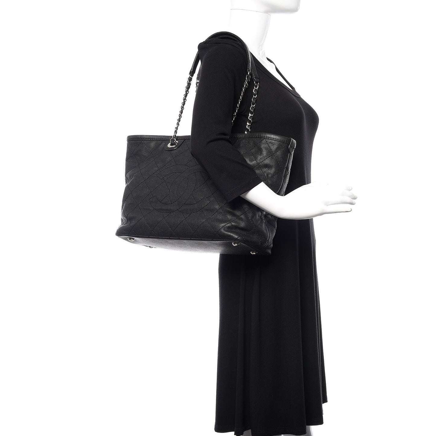 Grained Calfskin Quilted Small Daily Shopping Tote Black