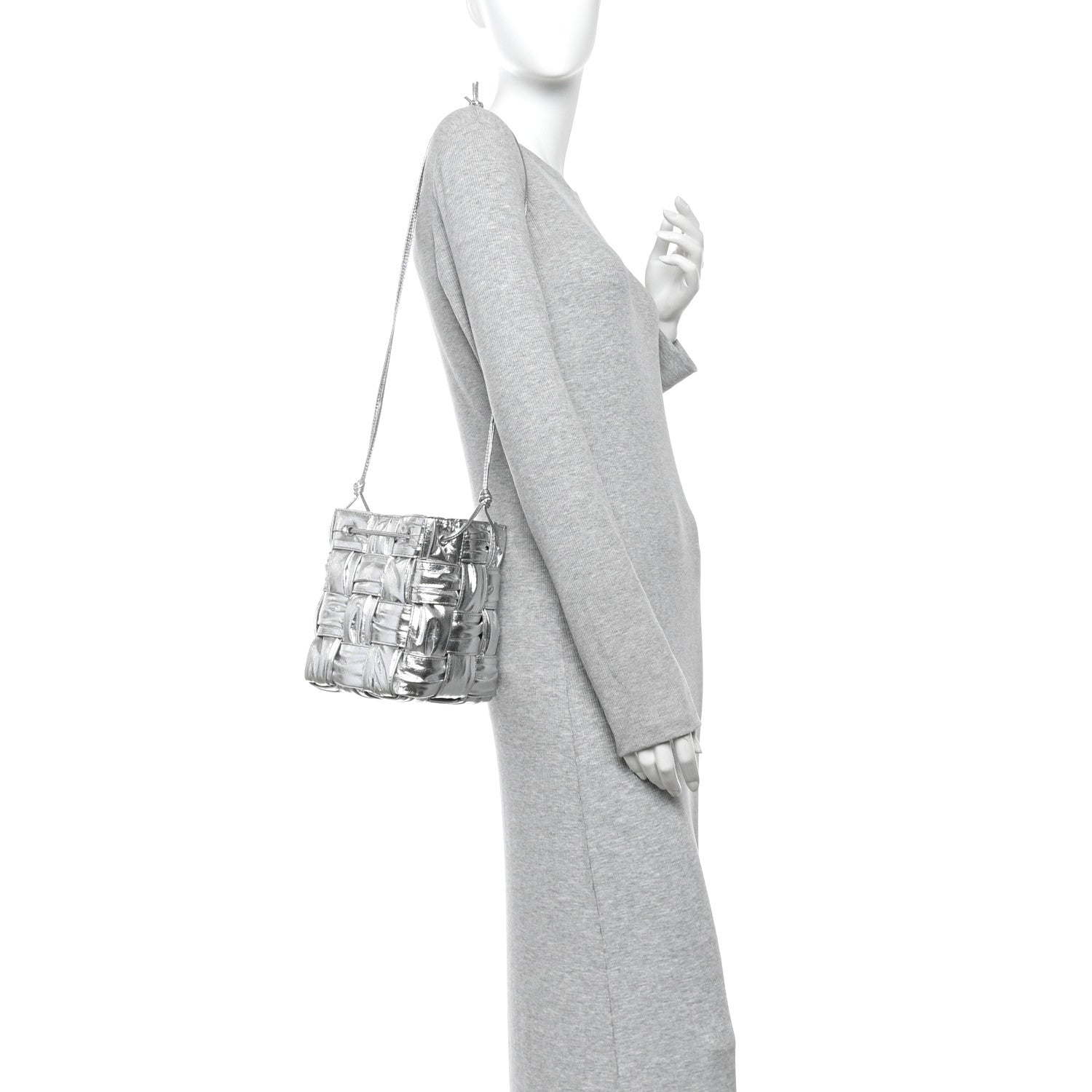 Bottega Veneta Metallic Calfskin Intrecciato Foulard Bucket Bag Silver 2 of 10