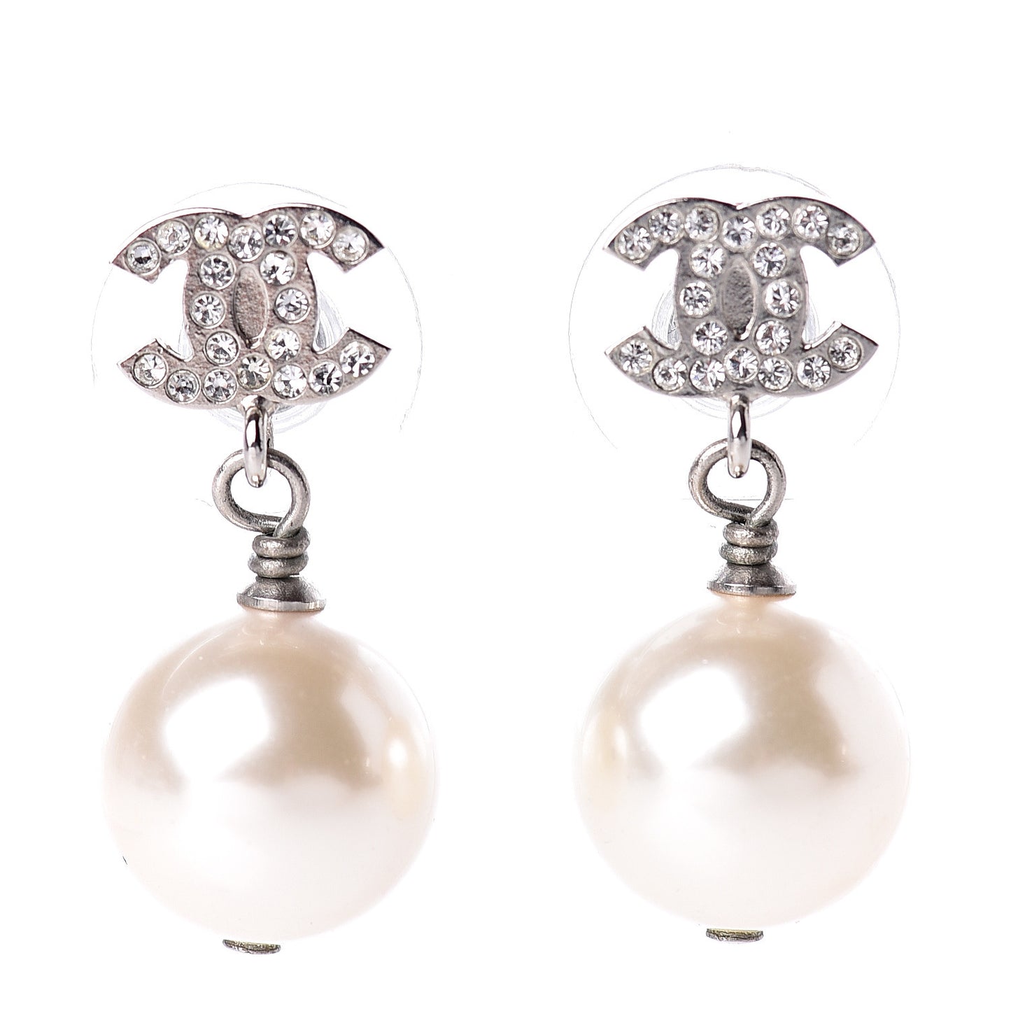 Crystal Pearl CC Drop Earrings Silver Pearly White