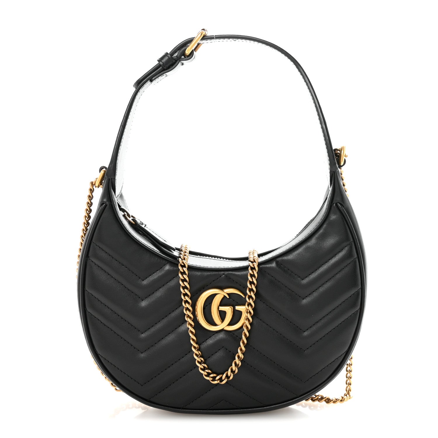 Gucci Calfskin Matelasse Chevron Mini GG Marmont Half Moon Hobo Black 1 of 9