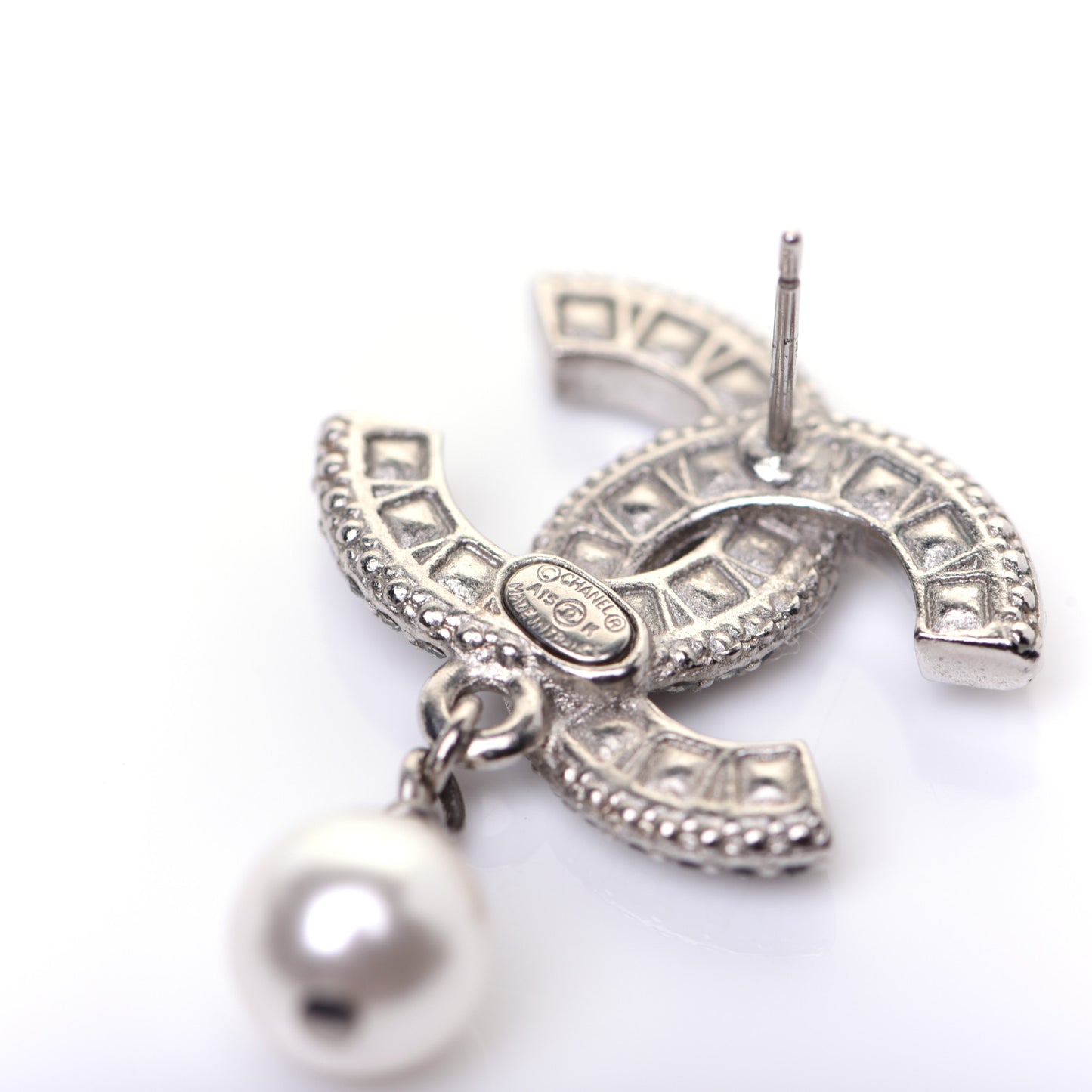 Baguette Crystal Pearl CC Drop Earrings Silver Black