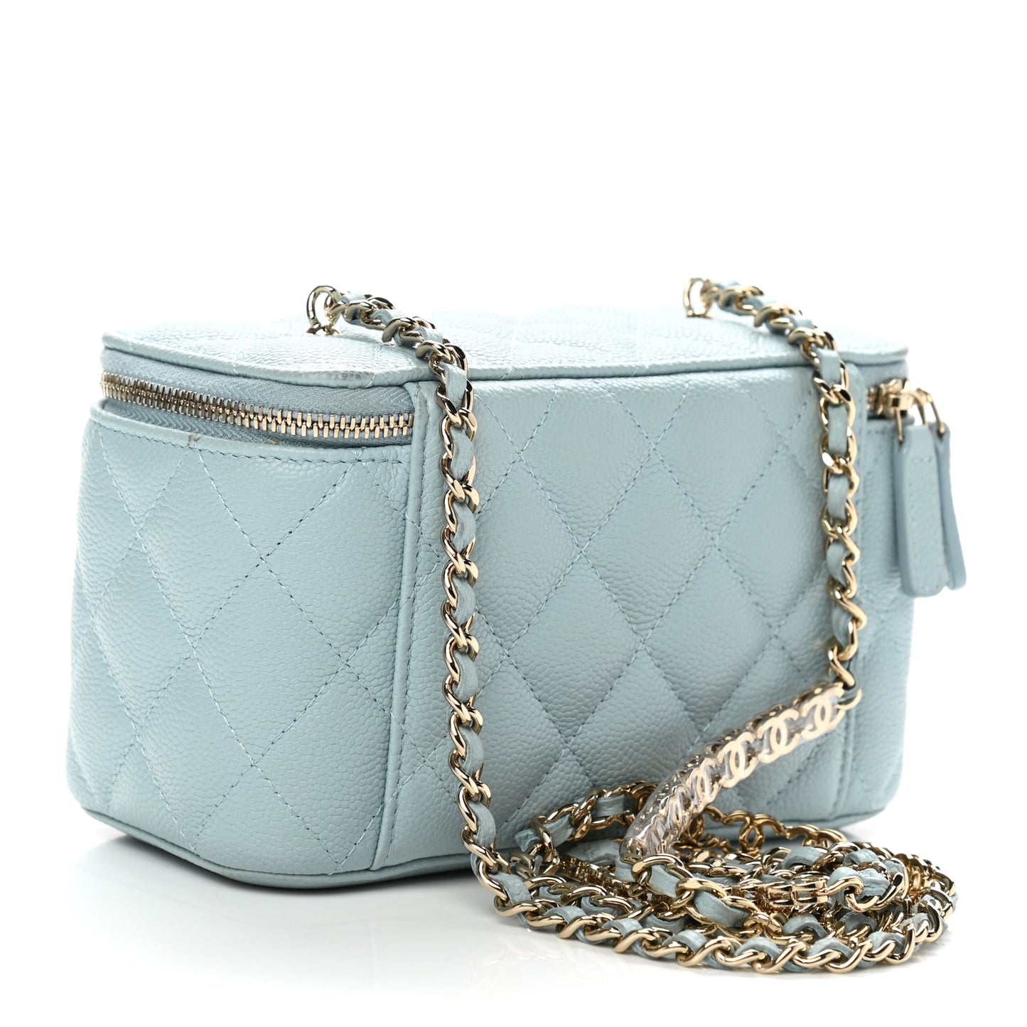 Caviar Quilted Small Tiny CC Vanity Case With Chain Light Blue