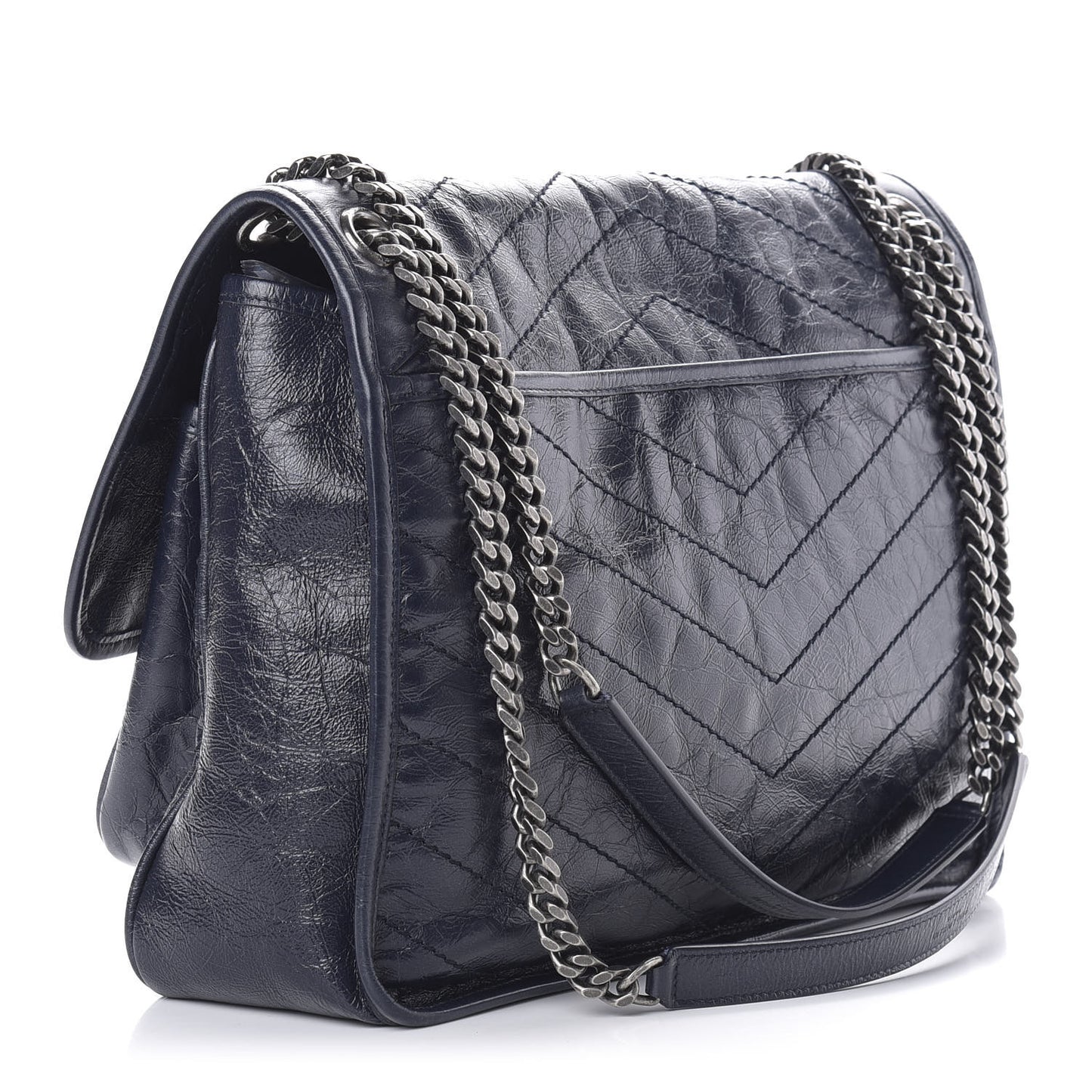 Crinkled Calfskin Matelasse Monogram Large Niki Chain Satchel Deep Marine