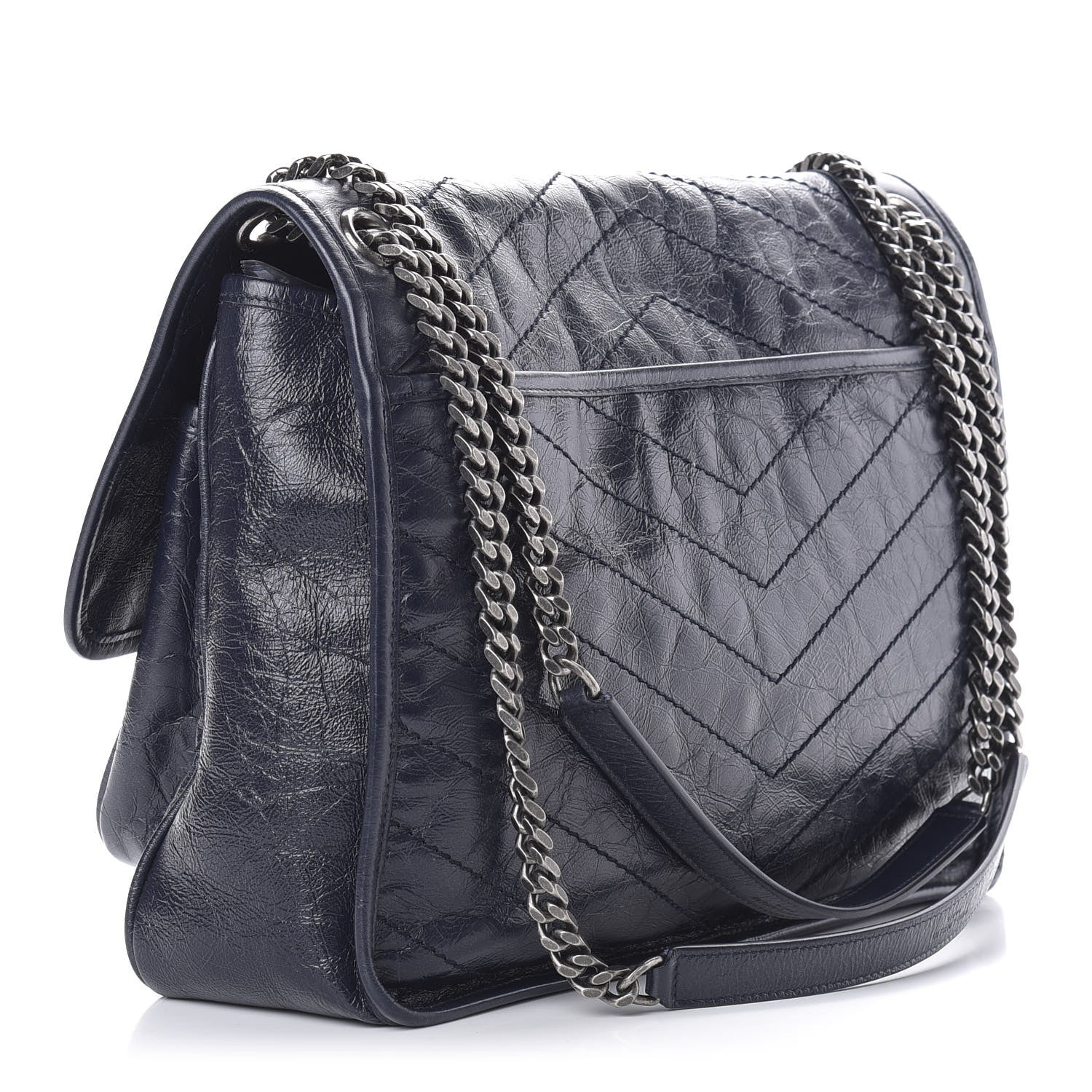 Saint Laurent Crinkled Calfskin Matelasse Monogram Large Niki Chain Satchel Deep Marine 3 of 11