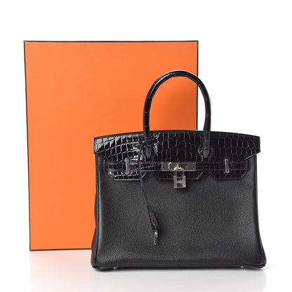 Hermes Clemence Novillo Shiny Niloticus Crocodile Birkin Touch 30 Black Bleu Marine 32 of 32