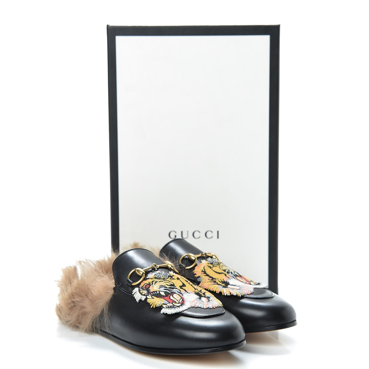 Calfskin Lambswool Tiger Embroidered Womens Princetown Slippers 37.5 Black