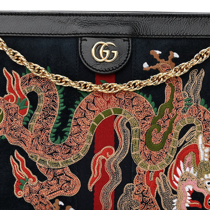 Gucci Suede Patent Web Dragon Embroidered Medium Ophidia Chain Shoulder Bag Blue Multicolor Black 8 of 10