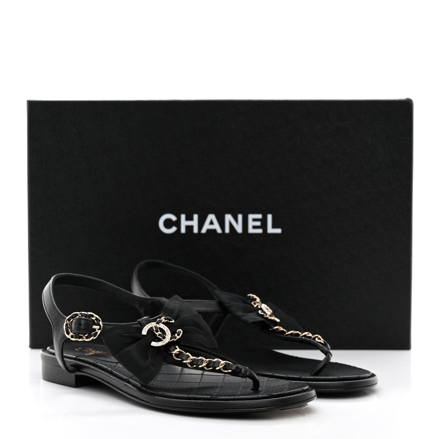 Lambskin Crystal Chain CC Thong Sandals 35.5 Black
