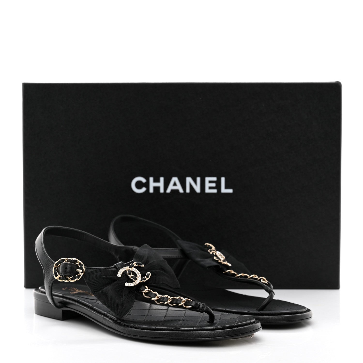 Chanel Lambskin Crystal Chain CC Thong Sandals 35.5 Black 9 of 9
