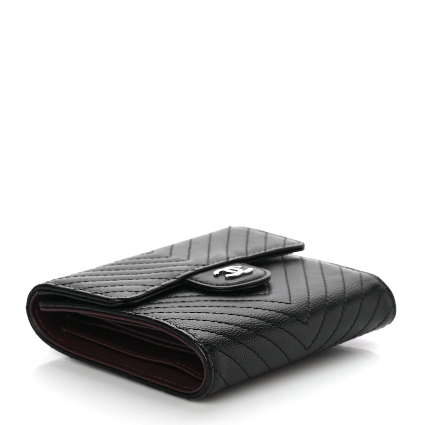 Caviar Chevron Quilted Compact Flap Wallet Black
