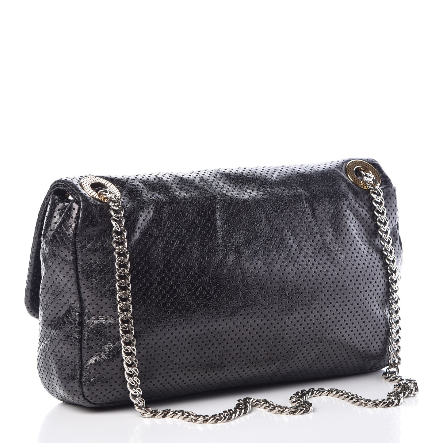 Metallic Crackled Calfskin Large Perforated Drill Flap Black