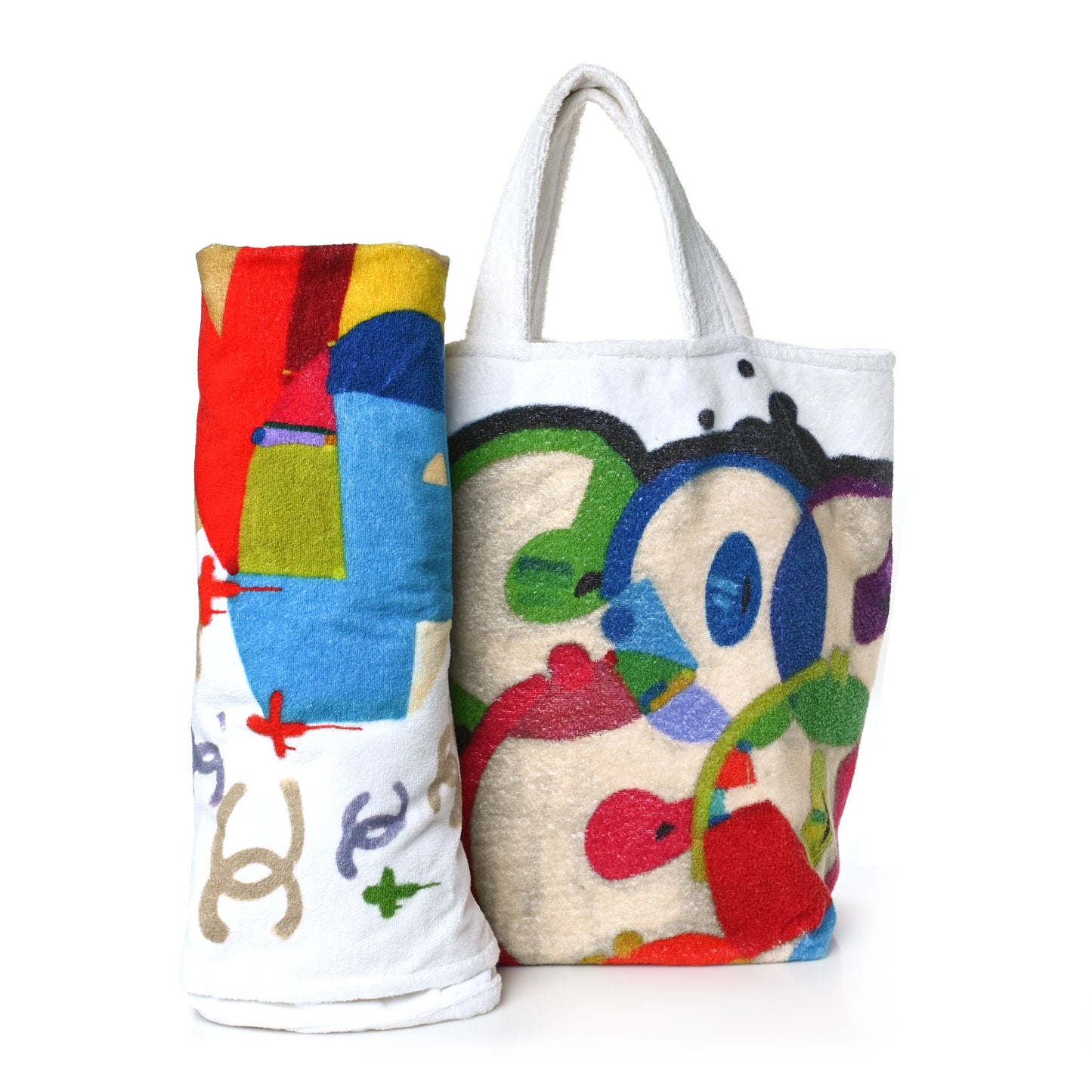 Terry Cotton Beach Tote Towel Set White Multicolor