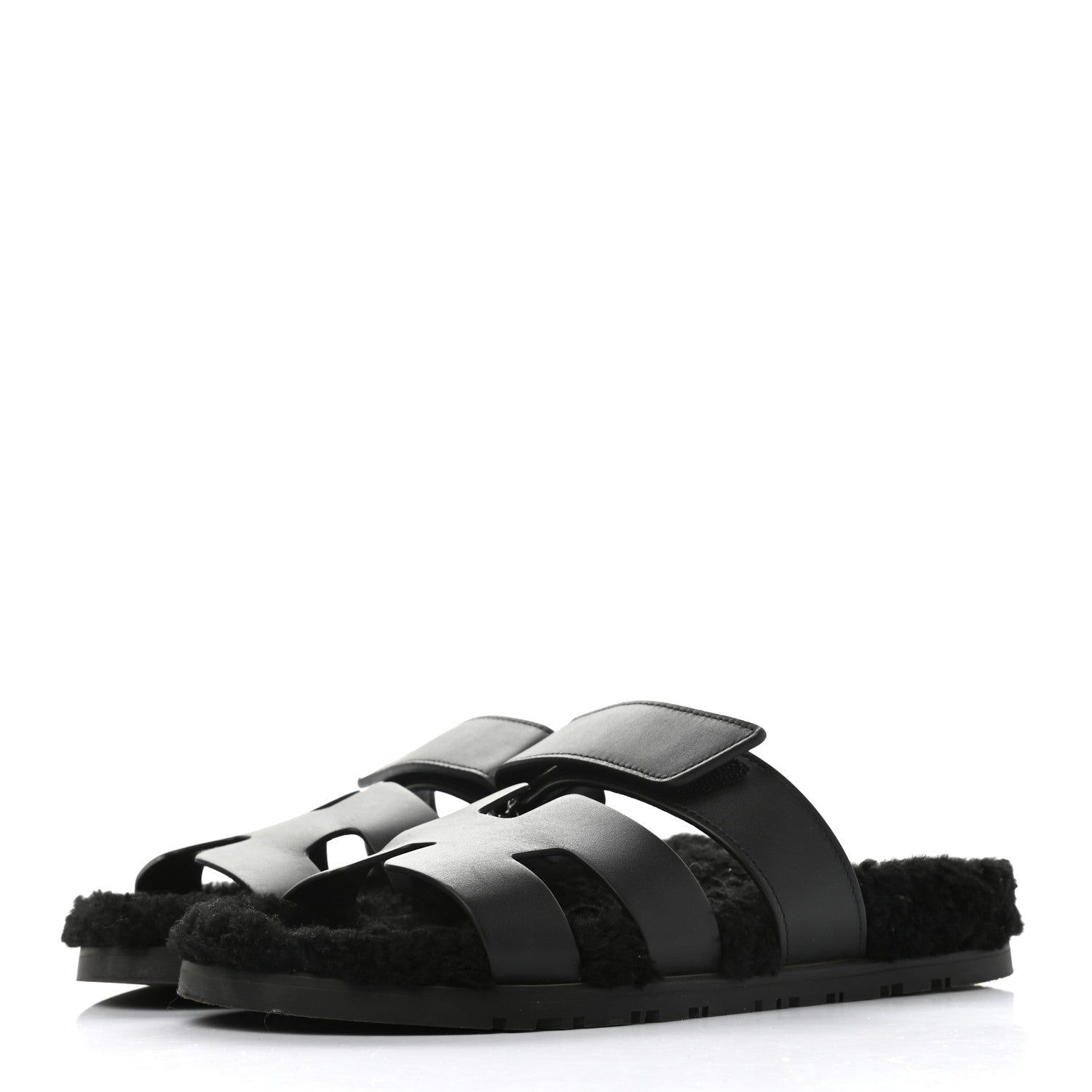 Hermes Calfskin Woolskin Womens Chypre Sandals 38 Black 3 of 13