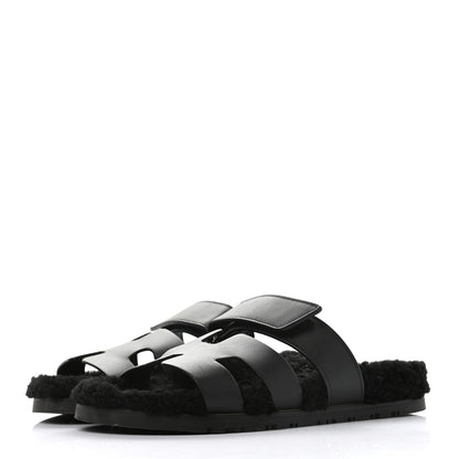 Hermes Calfskin Woolskin Womens Chypre Sandals 38 Black 3 of 13