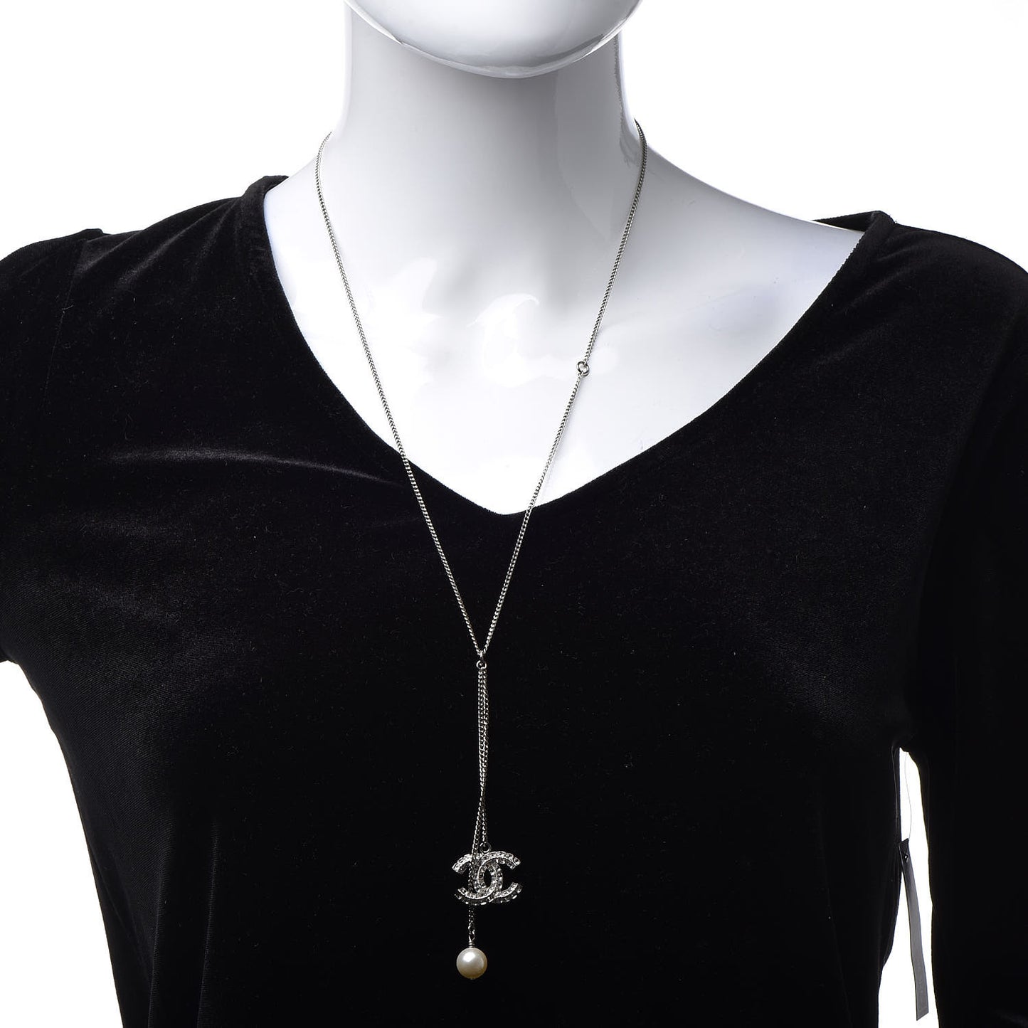 Baguette Crystal Pearl CC Lariat Necklace Silver