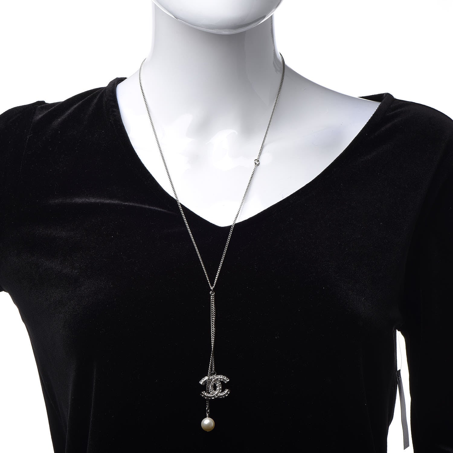 Chanel Baguette Crystal Pearl CC Lariat Necklace Silver 2 of 8