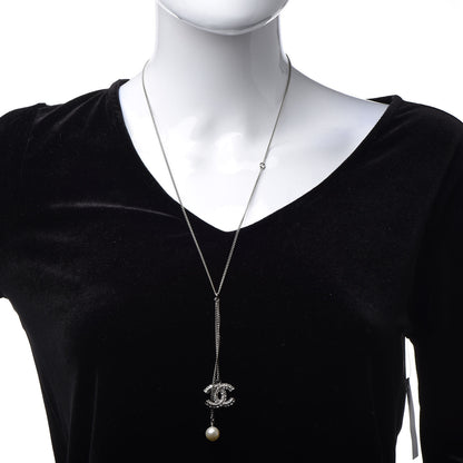 Chanel Baguette Crystal Pearl CC Lariat Necklace Silver 2 of 8