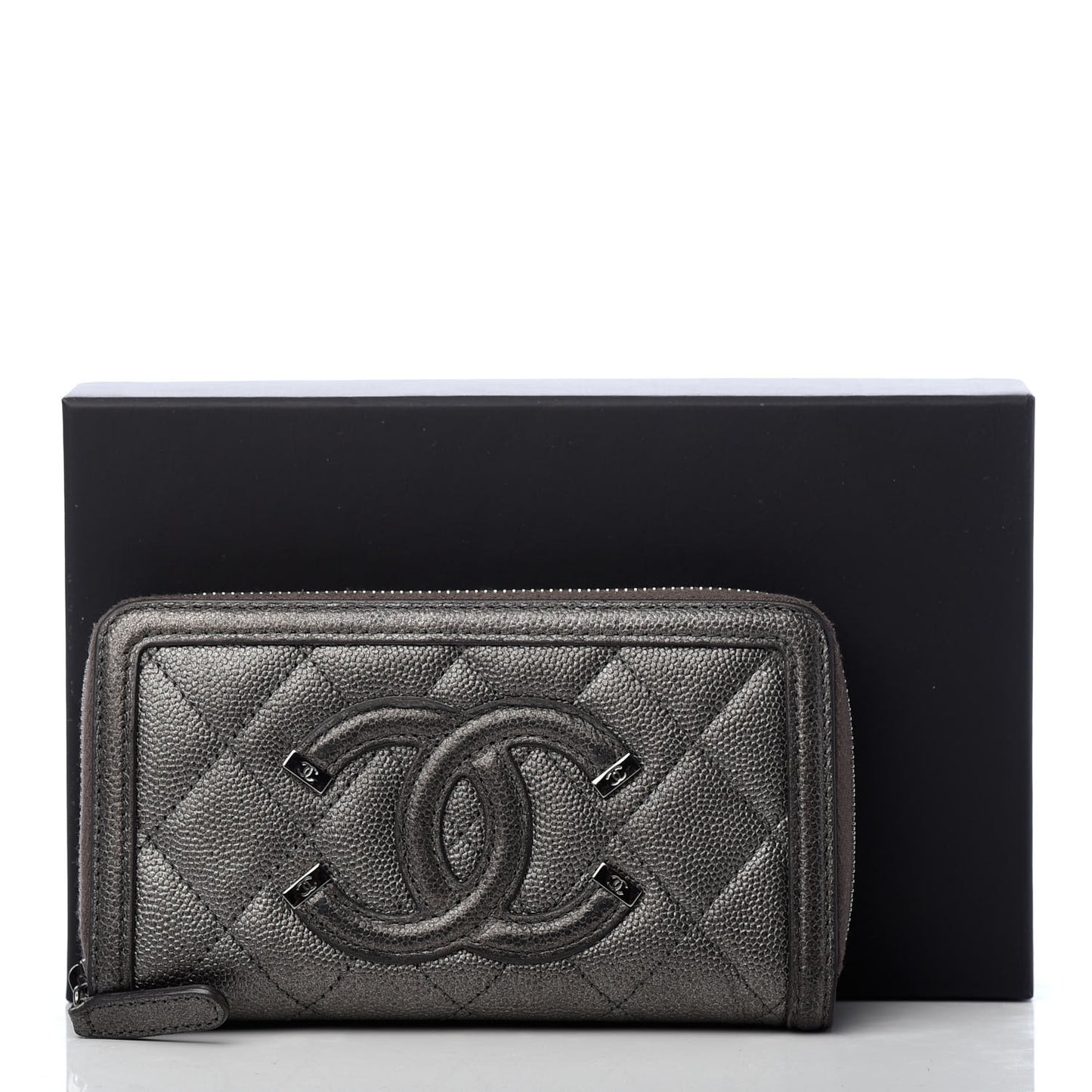 Caviar Quilted Medium Filigree Zip Around Wallet Dark Silver