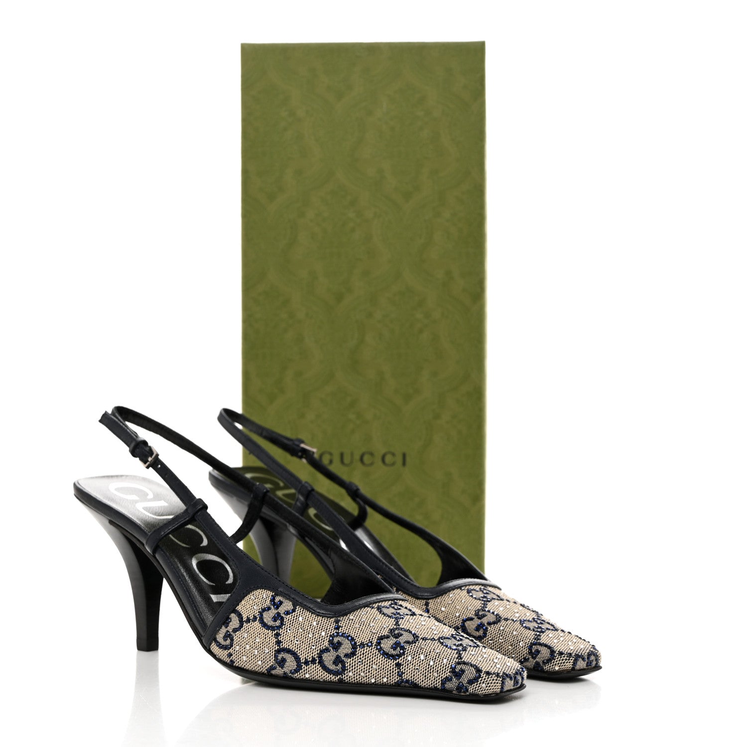 Gucci GG Monogram Malaga Kid Crystal Square G 75mm Slingback Pumps 35.5 Beige Blue 2 of 8