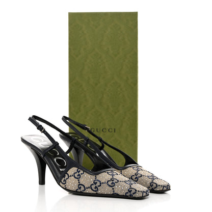 Gucci GG Monogram Malaga Kid Crystal Square G 75mm Slingback Pumps 35.5 Beige Blue 2 of 8