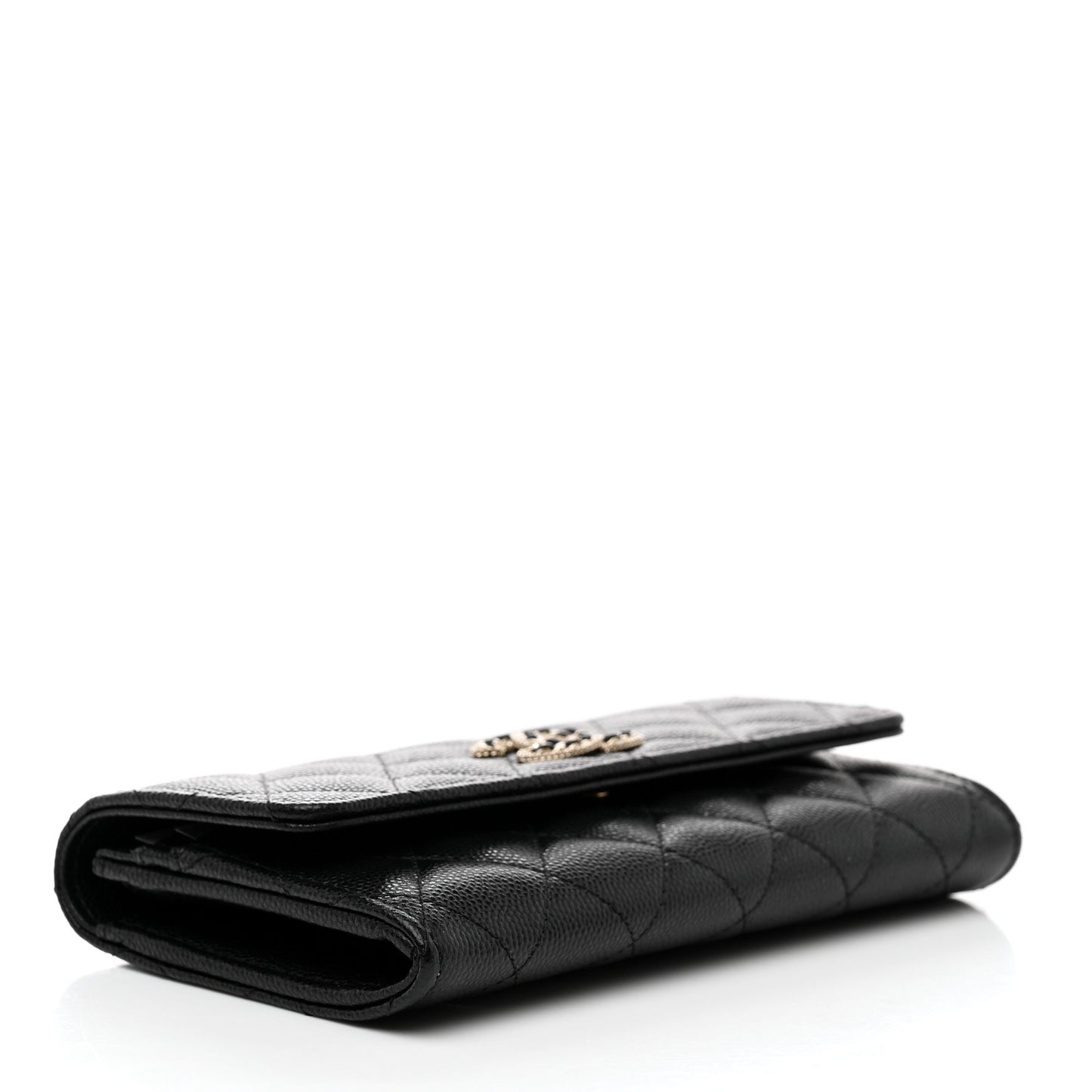 Caviar Quilted Crystal CC Large Gusset Flap Wallet Black