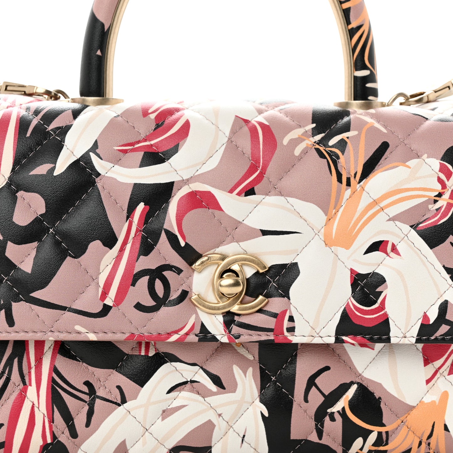 Calfskin Quilted Lily Floral Mini Coco Handle Flap Beige Black White Red