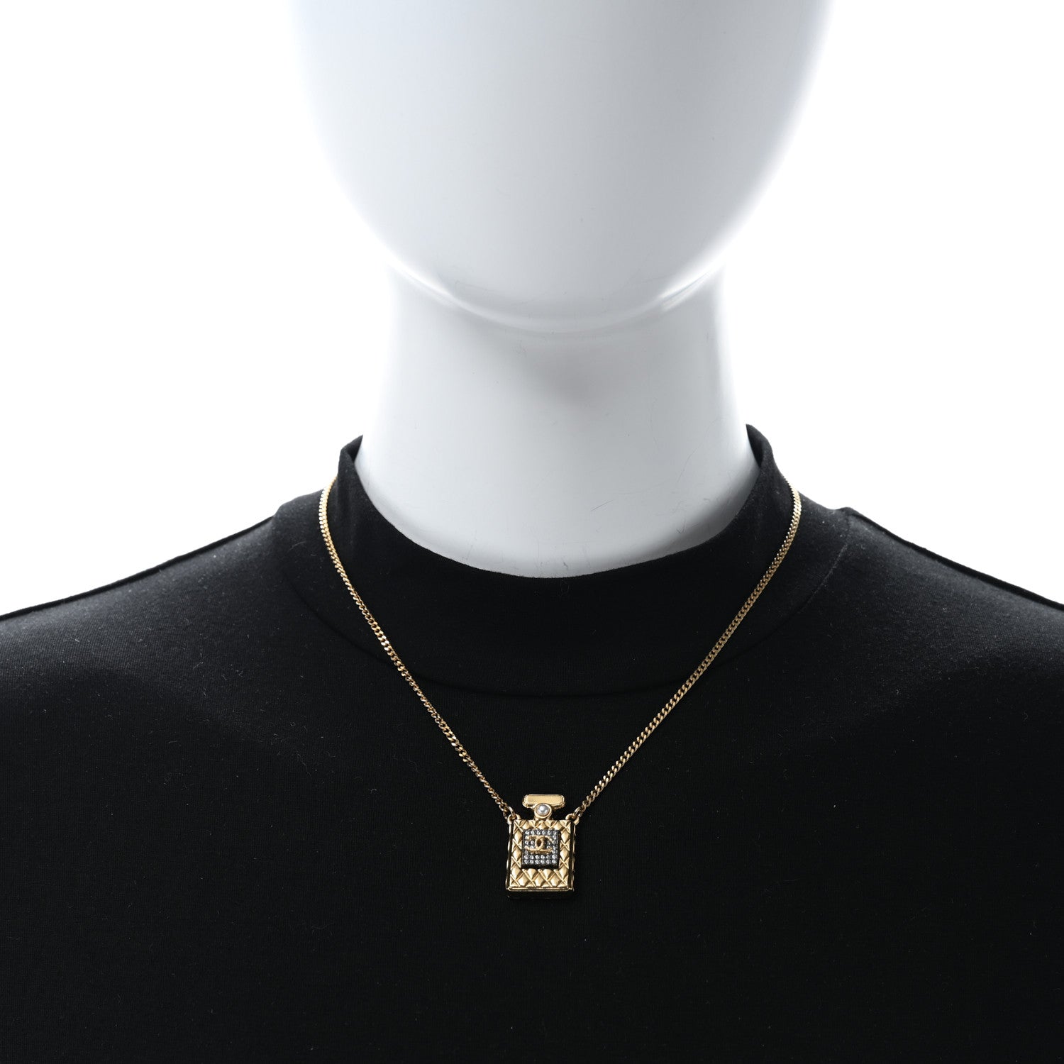 Chanel Crystal Pearl Perfume Bottle CC Necklace Black Gold 2 of 4