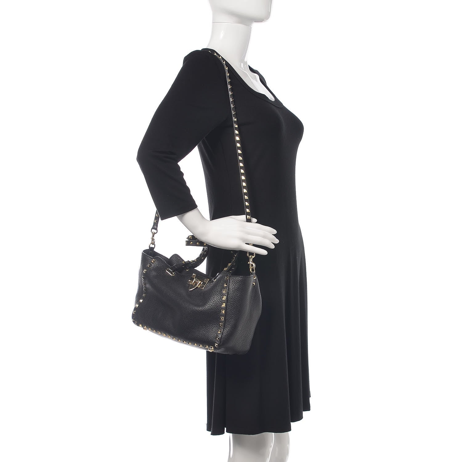 Valentino Garavani Grained Calfskin Small Rockstud Shoulder Tote Black 2 of 8