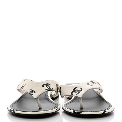 Chanel Lambskin Printed CC Thong Sandals 40 White Black 2 of 9