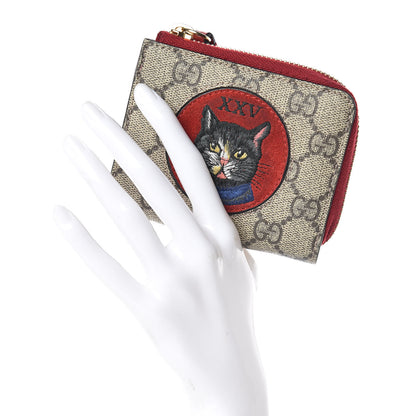 Gucci GG Supreme Monogram Mystic Cat Patch Zip Around Card Case Wallet Beige Hibiscus Red 2 of 11