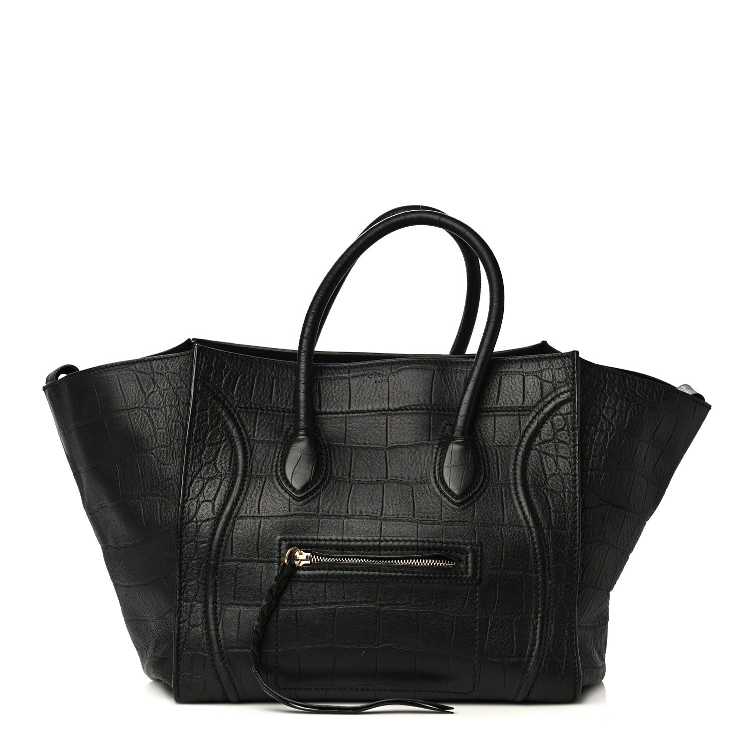 Celine Crocodile Embossed Calfskin Medium Phantom Luggage Black 2 of 9