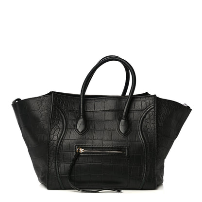 Celine Crocodile Embossed Calfskin Medium Phantom Luggage Black 2 of 9