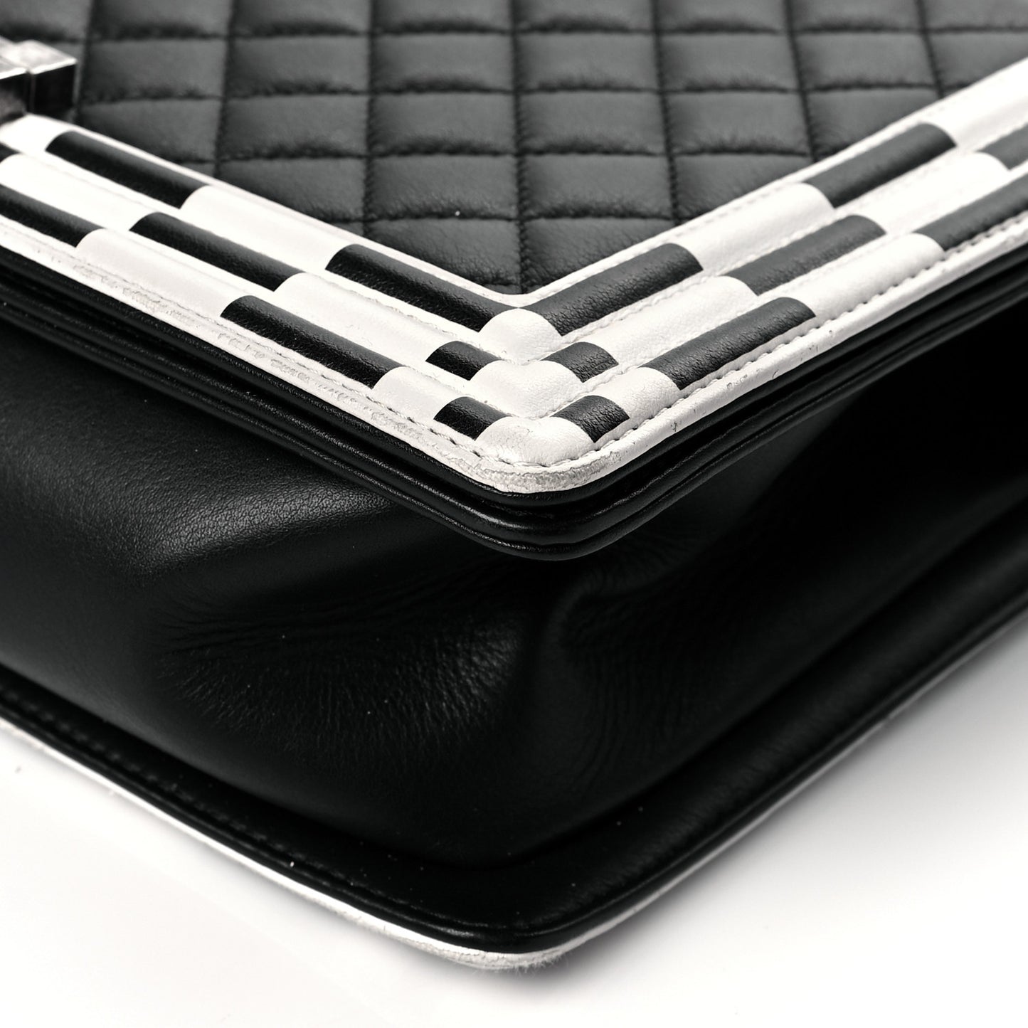 Calfskin Quilted Checkerboard Trim New Medium Boy Flap Black White