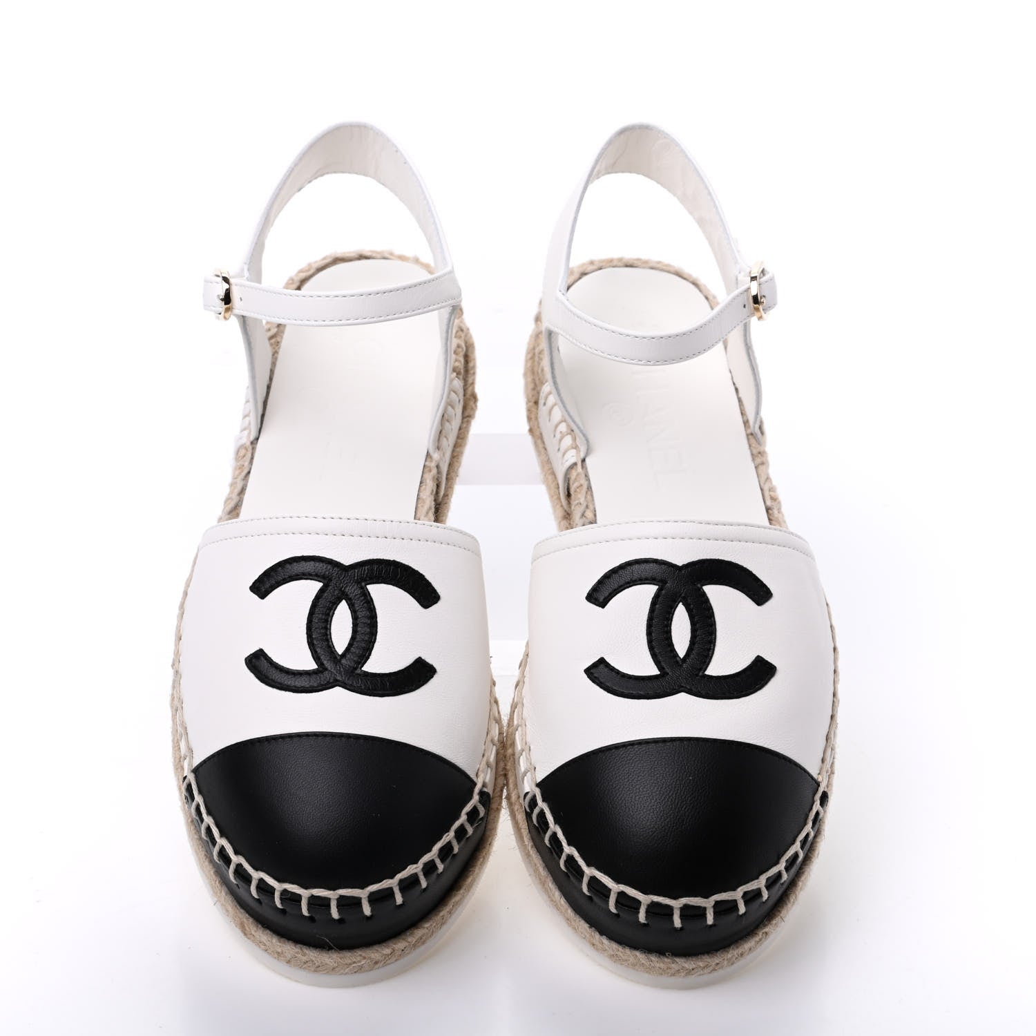 Chanel Lambskin Cap Toe CC Espadrille Sandals 35 Black White 5 of 10