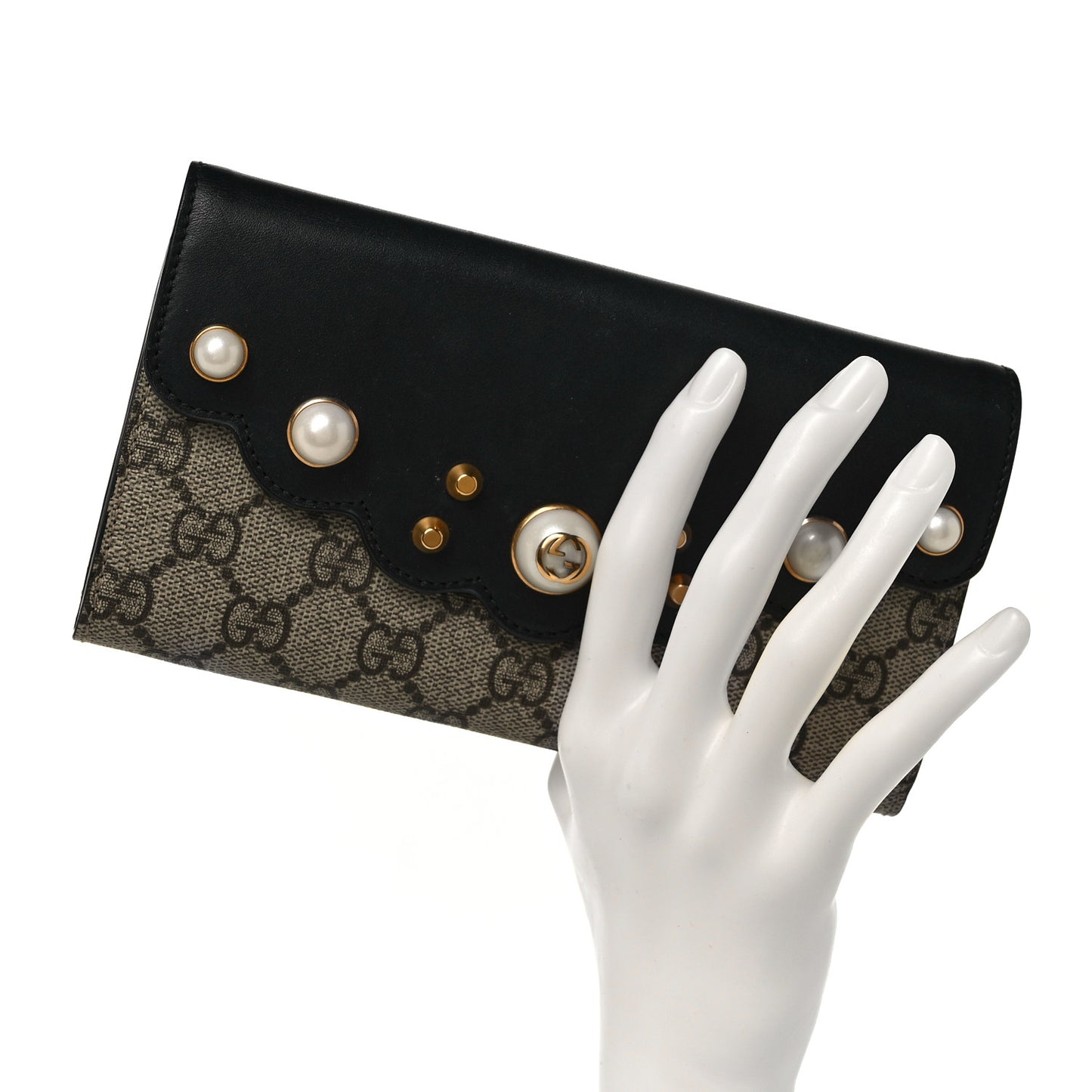 Calfskin GG Supreme Monogram Mini Peony Pearly Continental Wallet Black