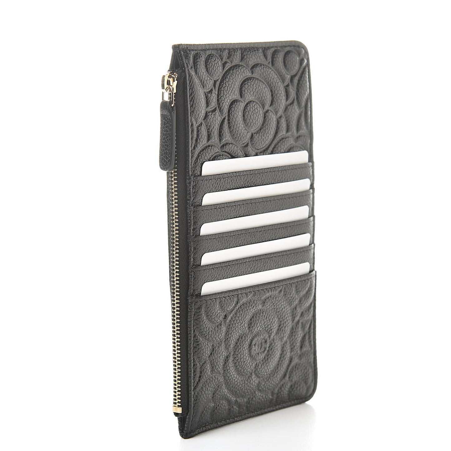 Caviar Camellia Embossed Classic Flat Wallet Pouch Black