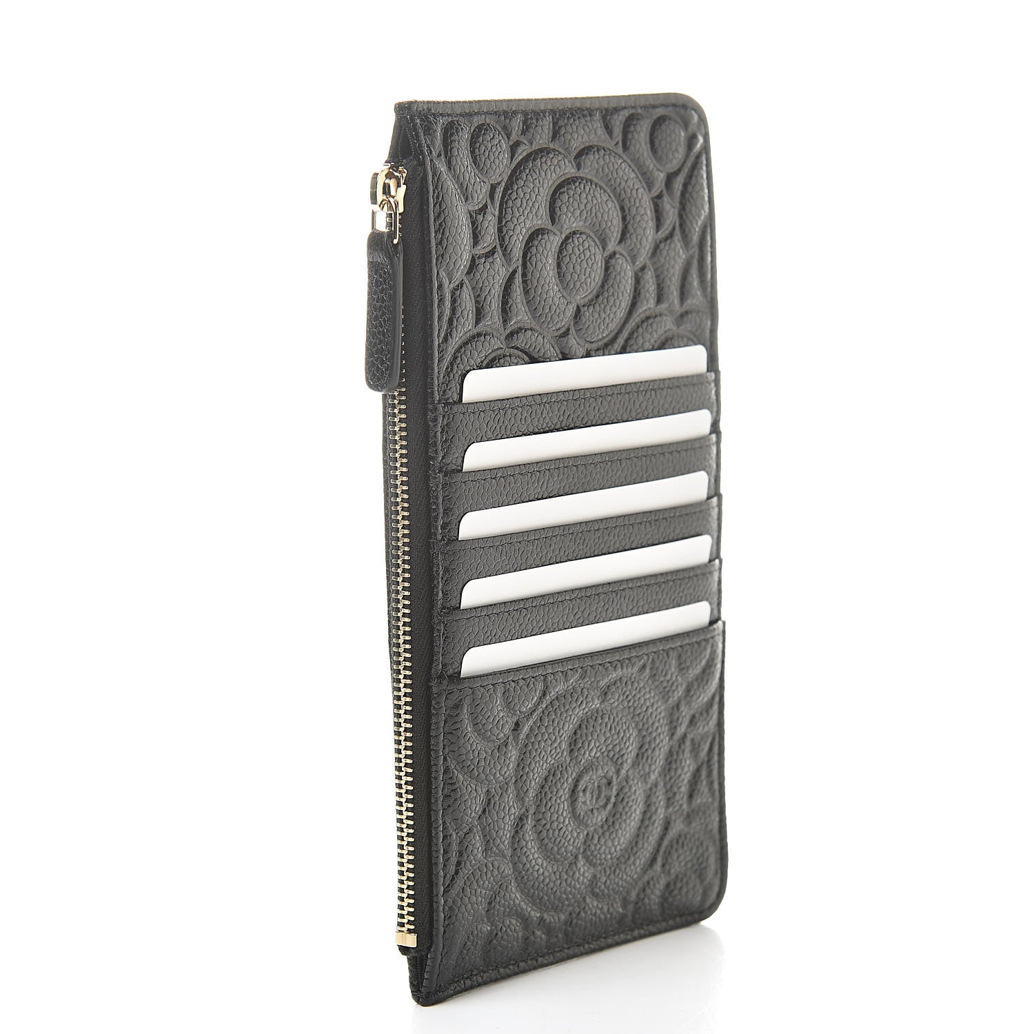 Chanel Caviar Camellia Embossed Classic Flat Wallet Pouch Black 3 of 8