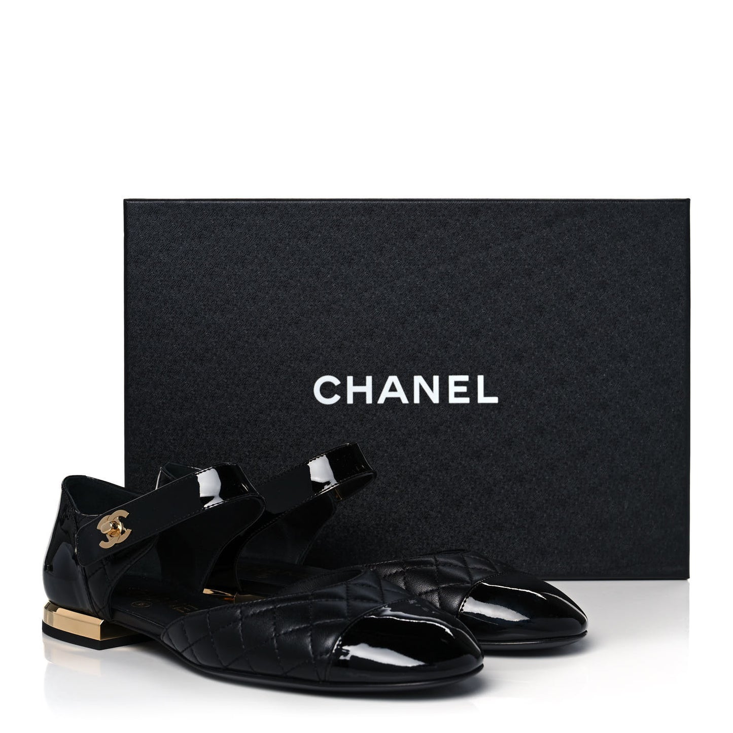 Patent Lambskin Quilted Cap Toe Ballerina Flats 37 Black