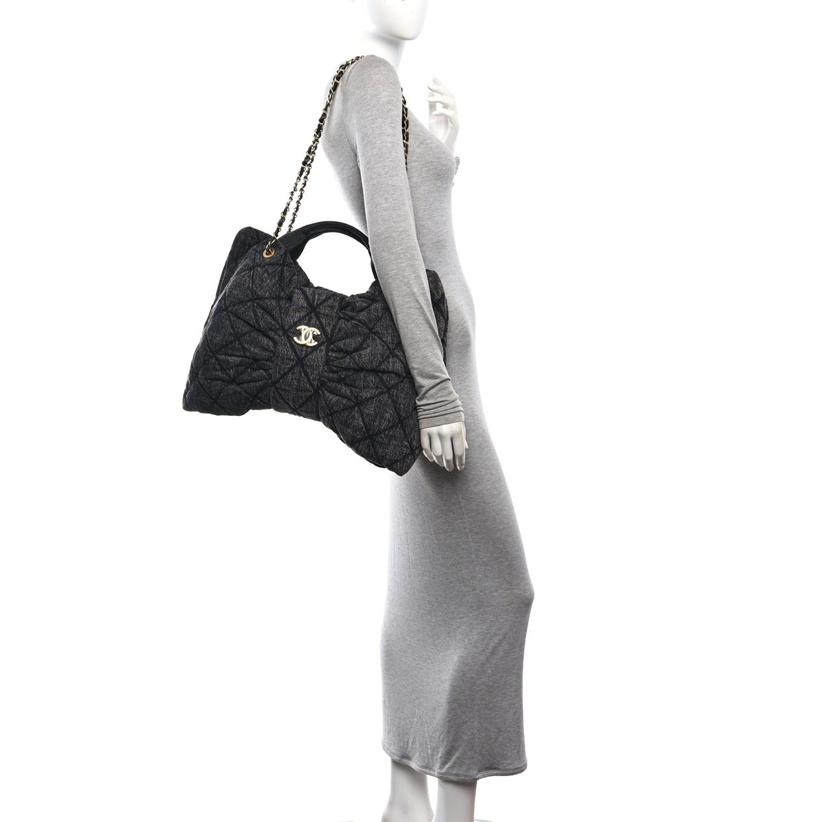 Chanel Washed Denim Quilted Maxi Bow Bag Black 2 of 10