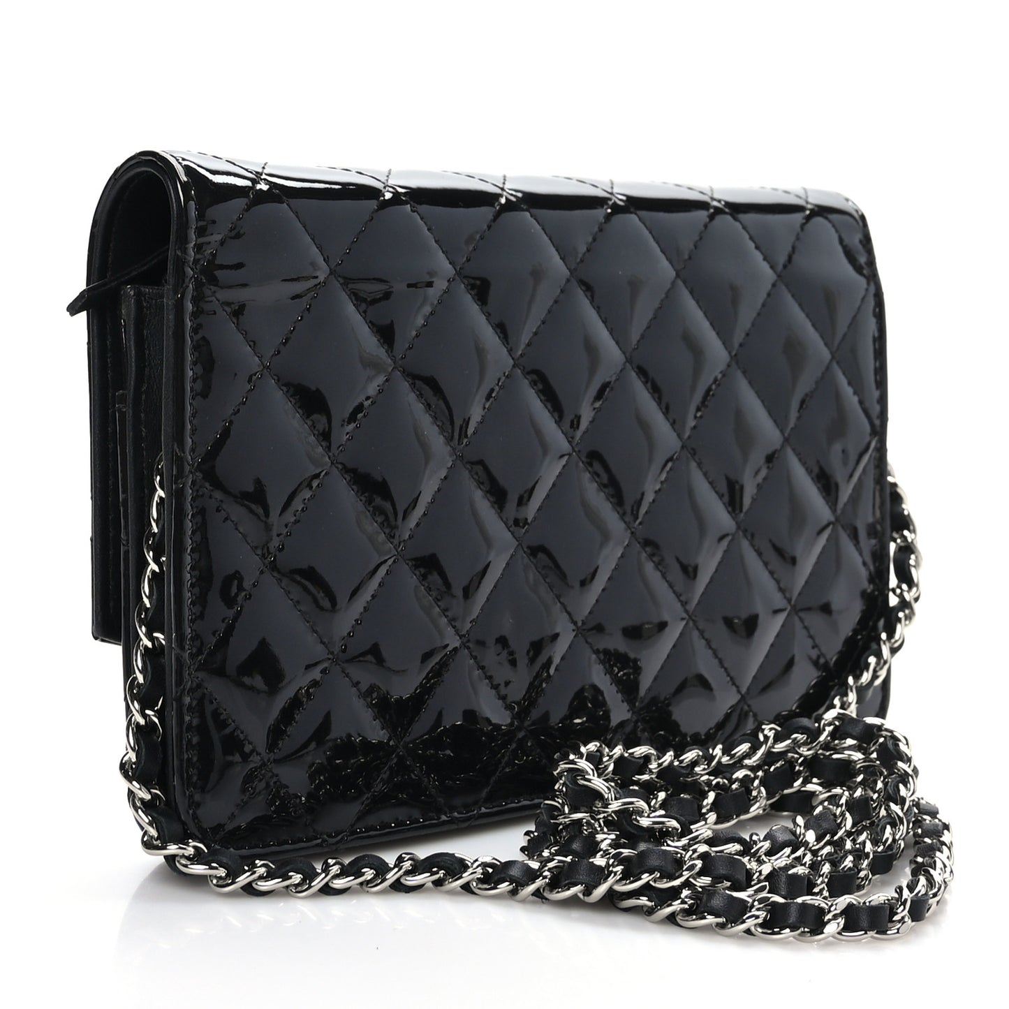 Patent Quilted Brilliant Wallet On Chain WOC Black