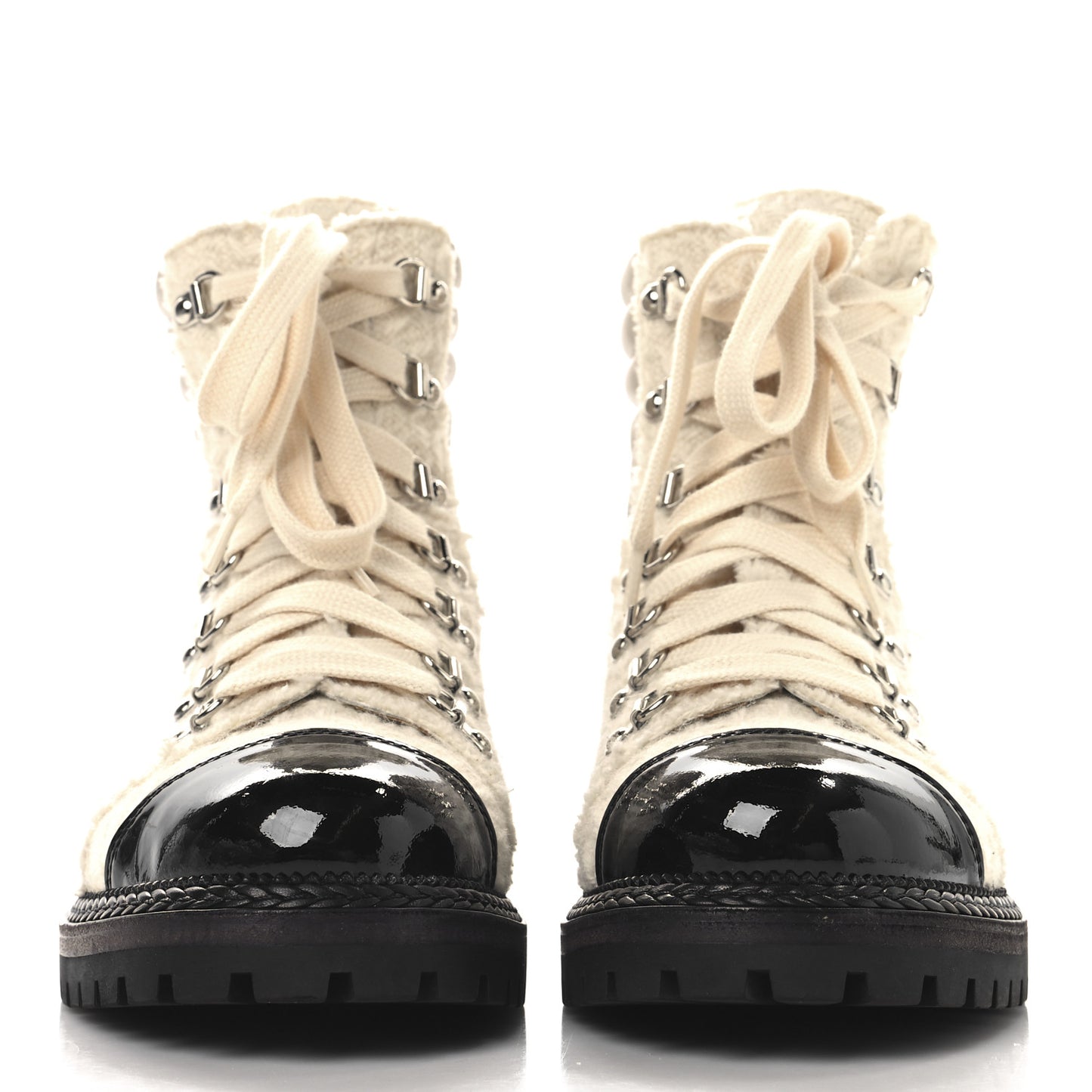 Tweed Patent Cap Toe Lace Up Short Boots 38.5 White