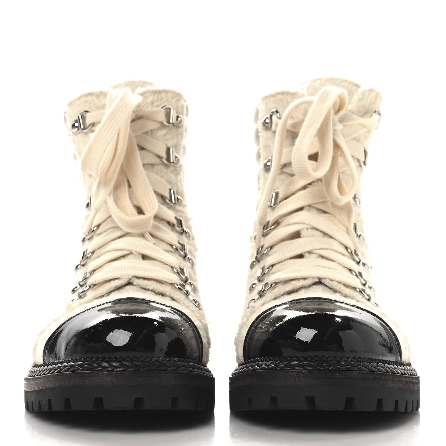 Chanel Tweed Patent Cap Toe Lace Up Short Boots 38.5 White 3 of 9
