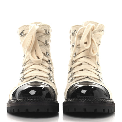 Chanel Tweed Patent Cap Toe Lace Up Short Boots 38.5 White 3 of 9