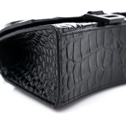 Balenciaga Shiny Calfskin Monochrome Crocodile Embossed Hourglass Top Handle Bag XS Black 7 of 11