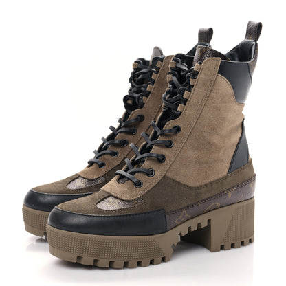 Louis Vuitton Suede Calfskin Monogram Laureate Platform Desert Boots 38 Taupe 3 of 8