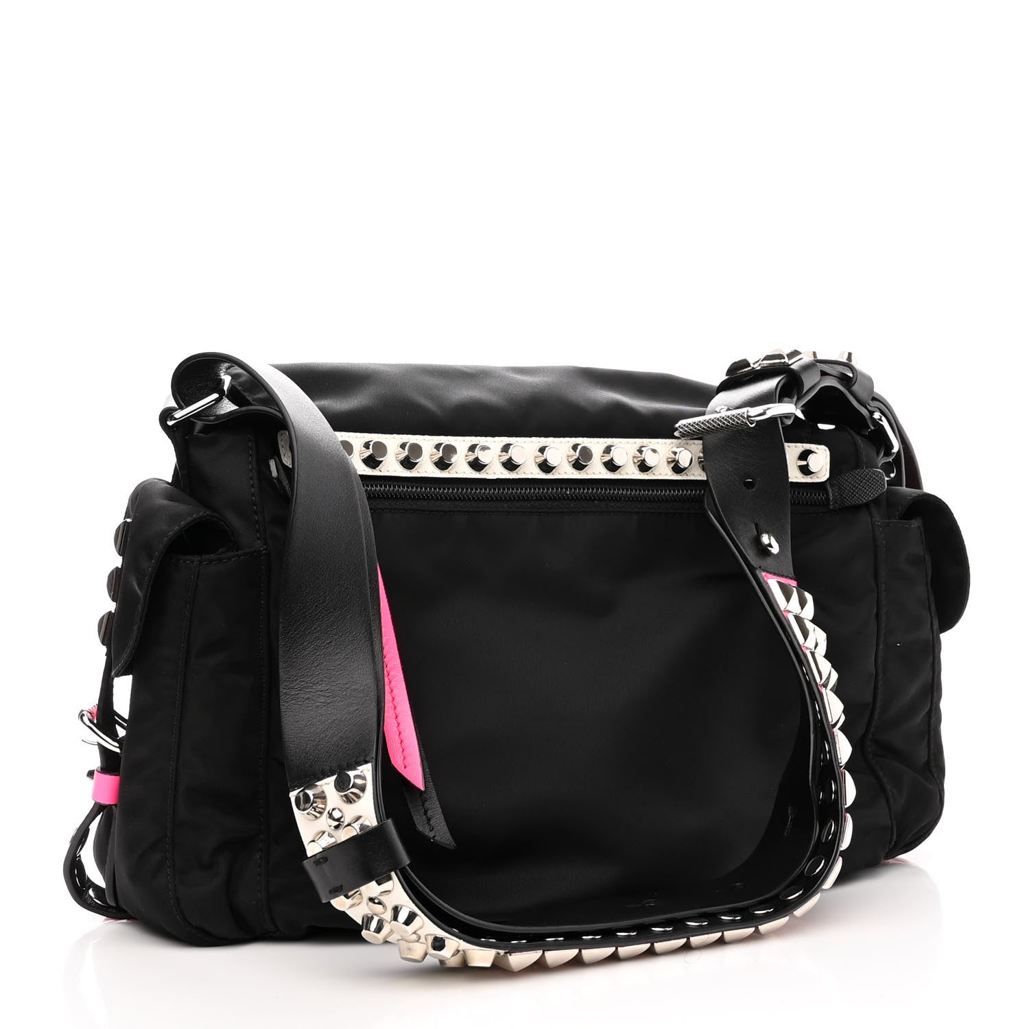 Prada Nylon New Vela Studded Messenger Bag Black Rosa Fluo 1208687