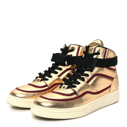 Chanel Metallic Satin Lambskin Mens Logo High Top Sneakers 46 Gold Burgundy 3 of 9
