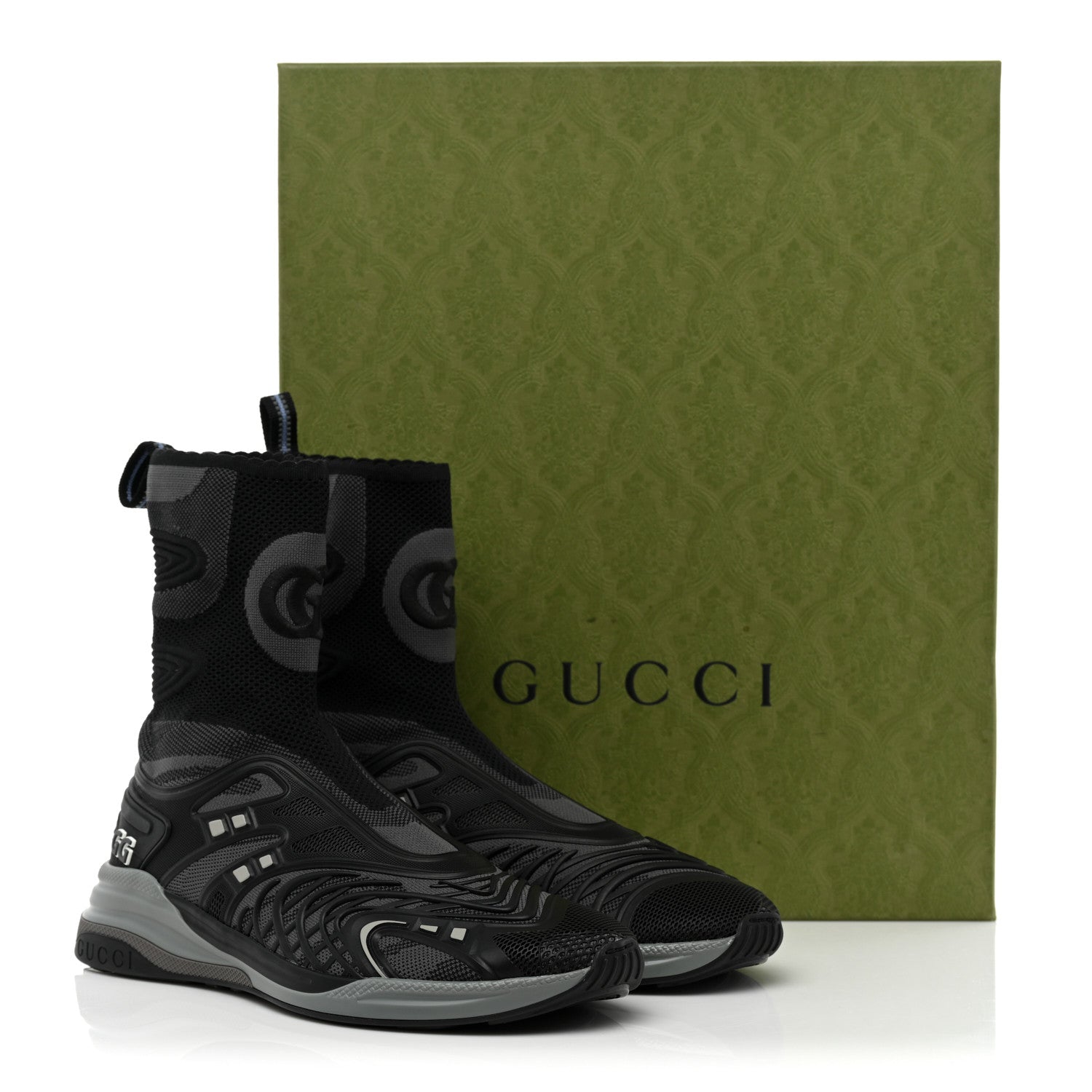 Gucci Rubber Technical Fabric Mens Ultrapace R Mid Top Sock Sneakers 8 Black Grey Silver Loess 8 of 8