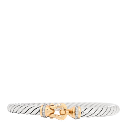 David Yurman Sterling Silver 14K Yellow Gold Diamond 7mm Cable Buckle Bracelet 1 of 3
