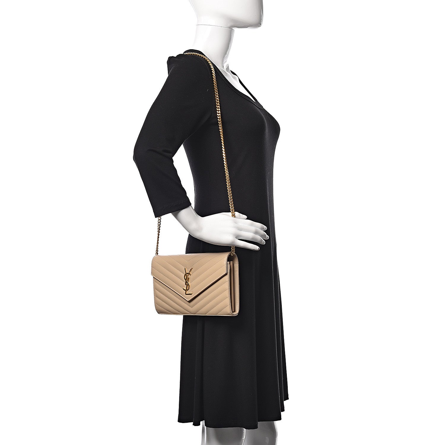 Saint Laurent Grain De Poudre Matelasse Chevron Monogram Chain Wallet Nude Powder 2 of 11